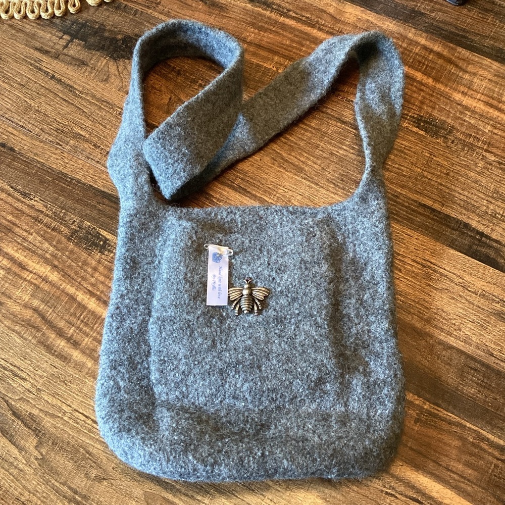 Hand Made Wool Grey Crossbody Bag with Bumblebee Pin